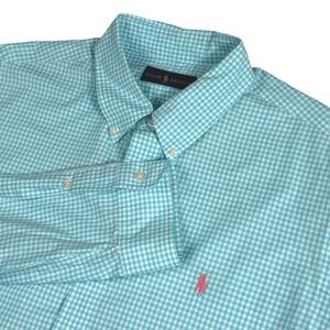Ralph Lauren Mens XL Aqua Long Sleeve Button Down Gingham Check Shirt Pink Pony